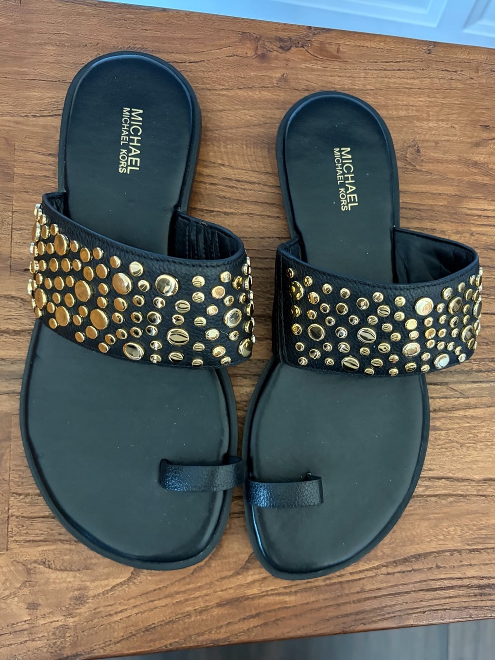 Michael Kors Black Slide Sandals with Gold Stud Embellishments